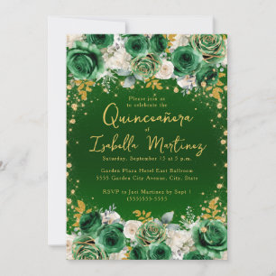 Emerald Green Gold Floral Quinceñera Sweet 15 Einladung