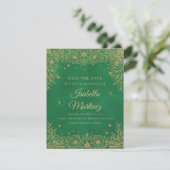 Emerald Green Gold Floral Stars Quinceañera Save The Date (Stehend Vorderseite)