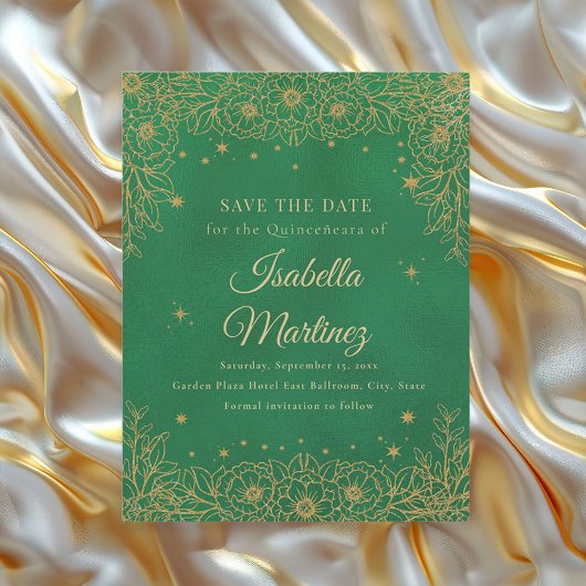 Emerald Green Gold Floral Stars Quinceañera Save The Date