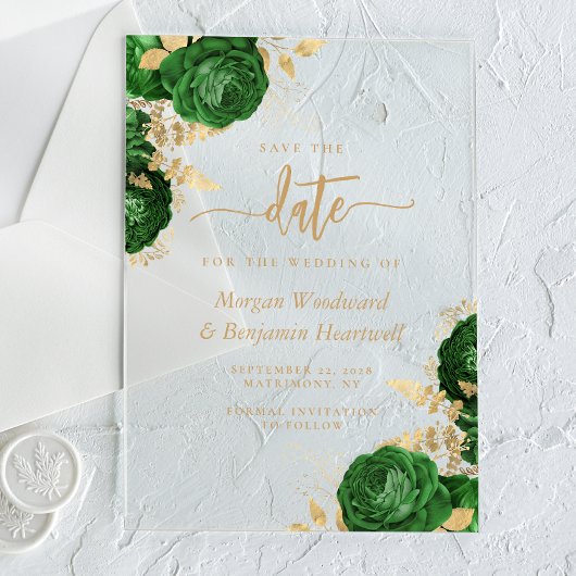 Emerald Green Gold Floral Wedding Save the Date Acryleinladungen