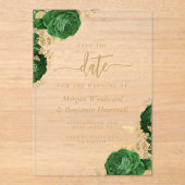 Emerald Green Gold Floral Wedding Save the Date Acryleinladungen (Vorderseite)