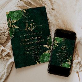 Emerald Green Gold Floral Wedding Save the Date Einladung