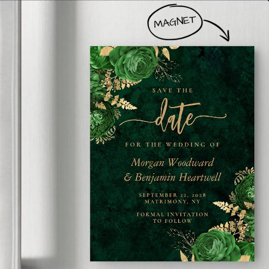Emerald Green Gold Floral Wedding Save the Date Magneteinladung