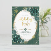 Emerald Green Gold Floral Winter Party Einladung (Stehend Vorderseite)