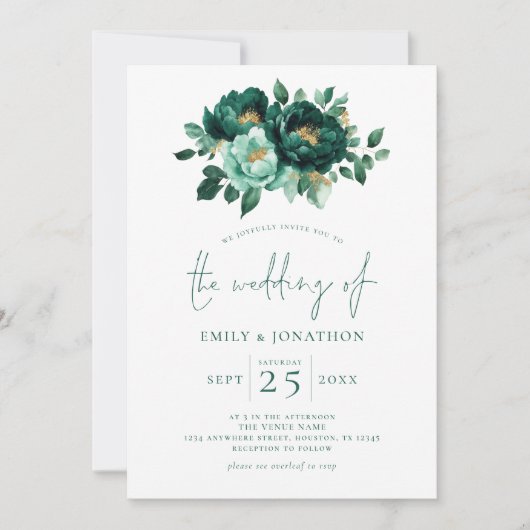 Emerald Green Gold Florals QR Code Wedding Einladung (Vorderseite)