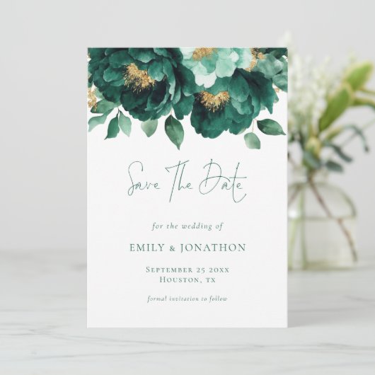 Emerald Green Gold Florals QR Code Wedding Save The Date (Stehend Vorderseite)