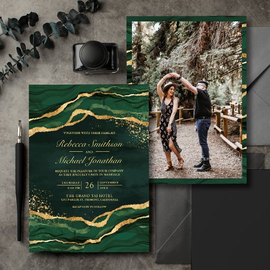 Emerald Green Gold Fluid Ink Foto Wedding Einladung