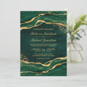 Emerald Green Gold Fluid Ink Foto Wedding Einladung (Stehend Vorderseite)