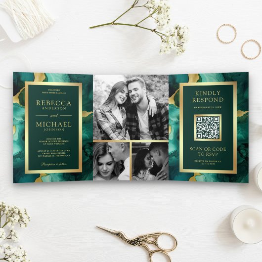Emerald Green Gold Fluid Ink QR Code Wedding Dreifach Gefaltete Einladung