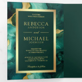 Emerald Green Gold Fluid Ink QR Code Wedding Dreifach Gefaltete Einladung (Innen Erste Seite)
