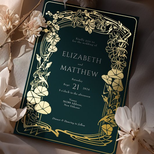 Emerald Green Gold Foil Floral Wedding Folieneinladung