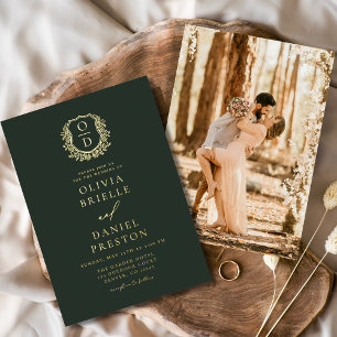 Emerald Green Gold Foil Foto Monogram Wedding Folieneinladung
