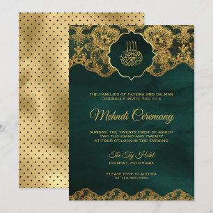 Emerald Green Gold Foil Lace Islamic Mehndi Einladung
