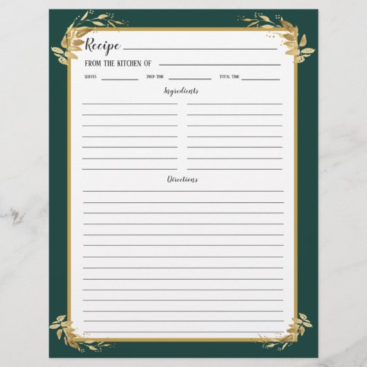 Emerald Green Gold Foliage Rezept Binder Page (Vorderseite)
