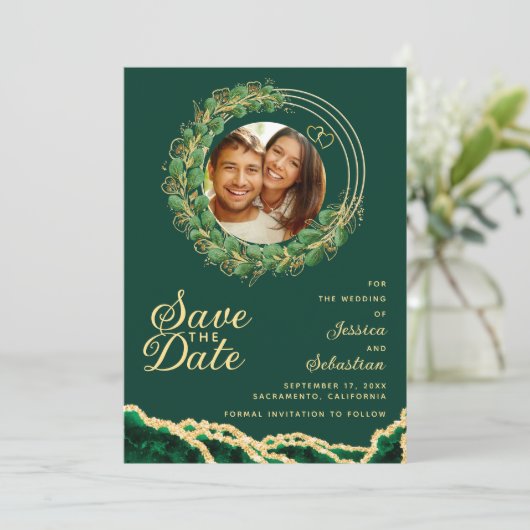 Emerald Green & Gold Foto QR Code Elegant Save The Date (Stehend Vorderseite)