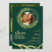Emerald Green & Gold Foto QR Code Elegant Save The Date (Vorne/Hinten)