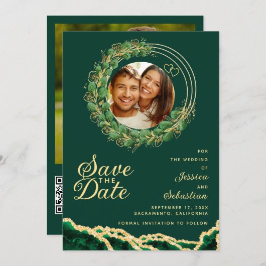Emerald Green & Gold Foto QR Code Elegant Save The Date (Vorne/Hinten)