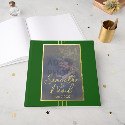 Emerald Green Gold Foto Wedding Foil Gästebuch (Vorderseite Offen)