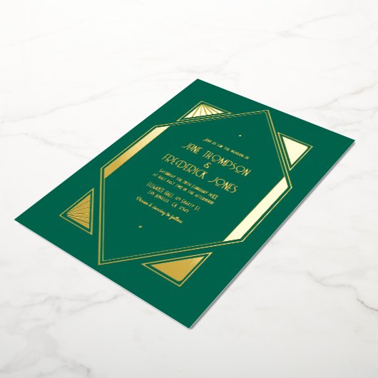 Emerald Green & Gold Gatsby Art Deco Wedding Folieneinladung (Gedreht)