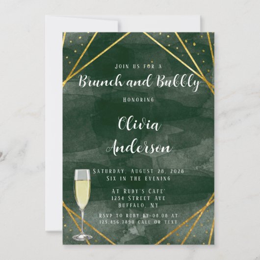 Emerald Green & Gold Geometric Brunch und Bubbly Einladung (Vorderseite)