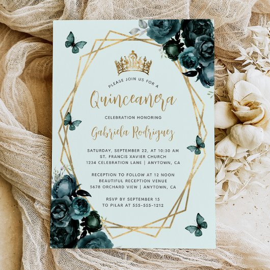 Emerald Green Gold Geometric Floral Quinceañera Einladung