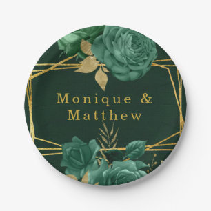 Emerald Green Gold Geometric Floral Wedding Pappteller