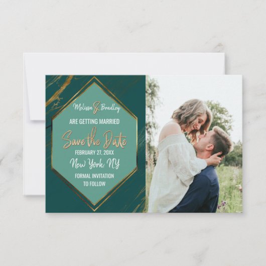 Emerald Green Gold Geometric Marble Save the Date (Vorderseite)