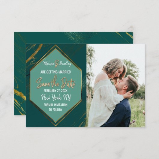 Emerald Green Gold Geometric Marble Save the Date (Vorne/Hinten)