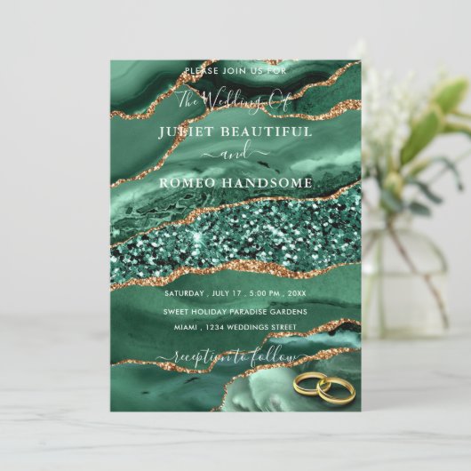 Emerald Green Gold Glitzer Einladung zur Hochzeit (Stehend Vorderseite)