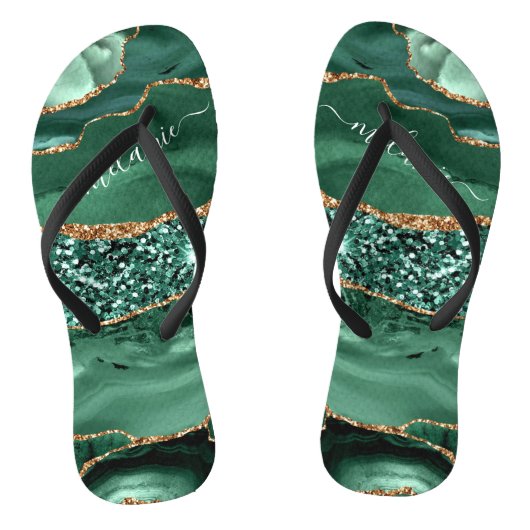 Emerald Green Gold Glitzer Flip Flops Individuelle Badesandalen (Fußbett)