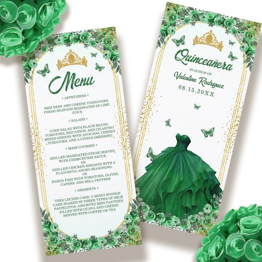Emerald Green Gold Glitzer Floral Quinceanera Menükarte
