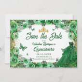 Emerald Green Gold Glitzer Floral Quinceanera Save The Date (Vorderseite)