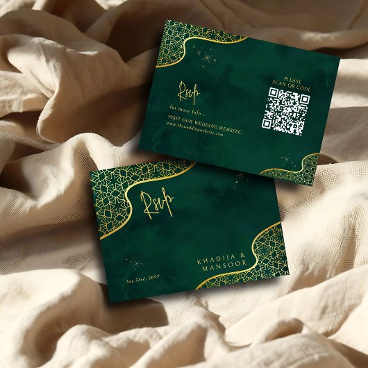 Emerald Green Gold Glitzer QR Code Wedding RSVP Begleitkarte