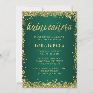 Emerald Green Gold Glitzer Quinceanera 15. Einladung