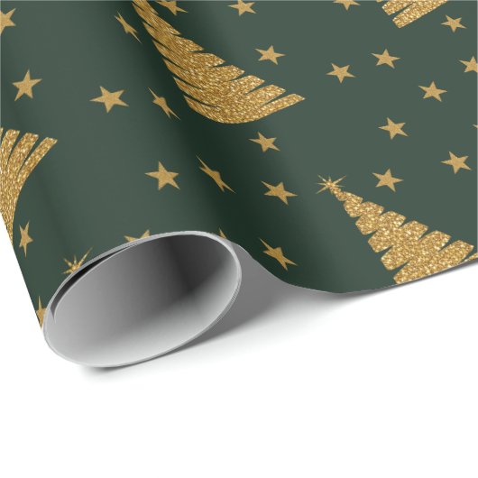 Emerald Green Gold Glitzer Xmas Trees and Stars Geschenkpapier (Rolleneckpunkt)