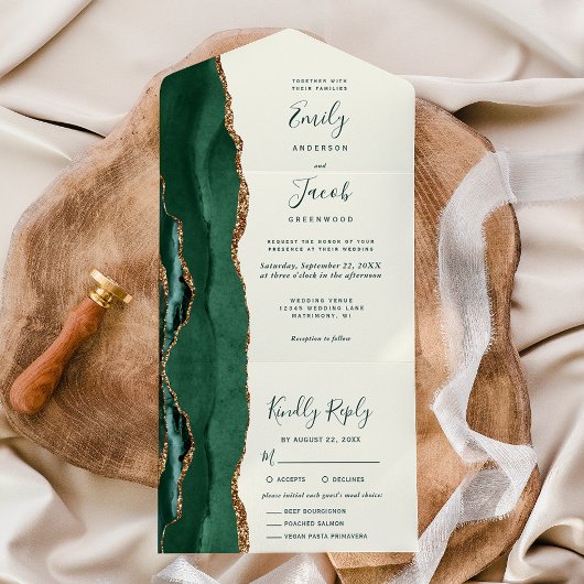 Emerald Green Gold Ivory Meal Options Wedding All In One Einladung
