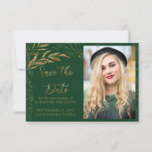 Emerald Green Gold Leaf and Calligraphy Foto Save The Date (Vorderseite)