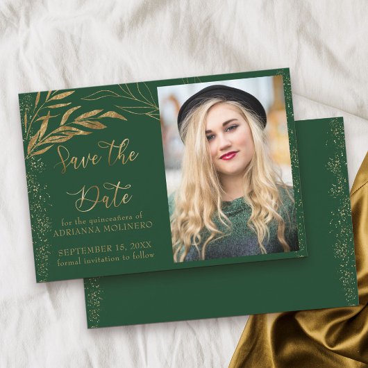 Emerald Green Gold Leaf and Calligraphy Foto Save The Date