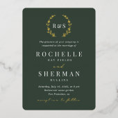 Emerald Green Gold Leaf einfache Monogramm Hochzei Folieneinladung (Vorderseite)