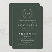 Emerald Green Gold Leaf Simple Monogram Wedding Einladung (Vorne/Hinten)
