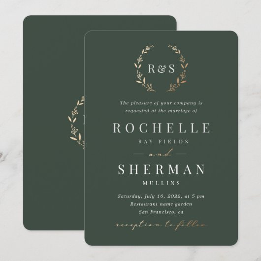 Emerald Green Gold Leaf Simple Monogram Wedding Einladung (Vorne/Hinten)