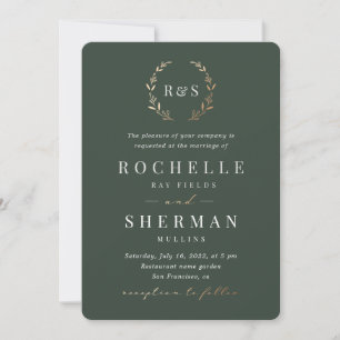 Emerald Green Gold Leaf Simple Monogram Wedding Einladung