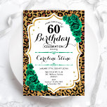 Emerald Green Gold Leopard Print 60. Geburtstag Einladung<br><div class="desc">60. Geburtstagsfeier Einladung. Elegantes florales smaragdgrünes Design mit Imitaten Glitzer Gold und Rose. Features Leopard Gepard-Tier Druck und Skript-Schriftart. Ideal für eine stilvolle Damenfeier. Kann für jedes Alter angepasst werden! Gedruckte Zazzle Einladungen oder Sofortdownload digitalen druckbaren Vorlage.</div>