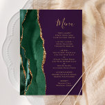 Emerald Green Gold Lila Wedding Menu Menükarte<br><div class="desc">Die links Kulisse dieses eleganten,  modernen Hochzeitsmenüs besticht durch einen smaragdgrünen Aquarellstreifen,  der mit vergoldetem Imitat-Glitzer bestickt ist. Der anpassbare Text verbindet goldfarbene whimsical-Handschrift-Skripte mit Copperplate-Schriftart auf einem lila Hintergrund. Die Rückseite ist mit einem smaragdgrünen und goldgelben Dekor ausgestattet.</div>