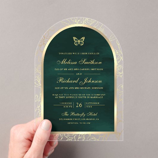 Emerald Green Gold Line Art Arch Butterfly Wedding Acryleinladungen (Insitu (Handheld))