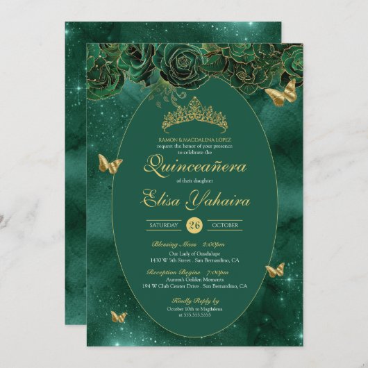 Emerald Green Gold Luxus Butterfly Quinceanera Einladung (Vorne/Hinten)