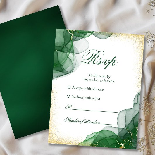 Emerald Green Gold Marble White Wedding RSVP Card Karte
