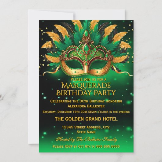 Emerald Green Gold Masks Masquerade Birthday Party Einladung (Vorderseite)