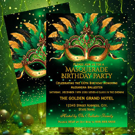 Emerald Green Gold Masks Masquerade Birthday Party Einladung