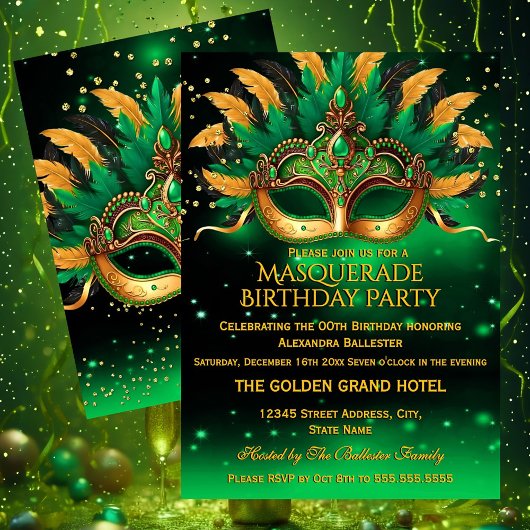 Emerald Green Gold Masks Masquerade Birthday Party Einladung